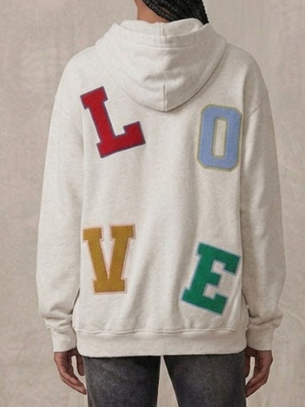 Aerie Size Large Cream LOVE Graphic Oversized Hoodie Varsity Patch Sweatshirt